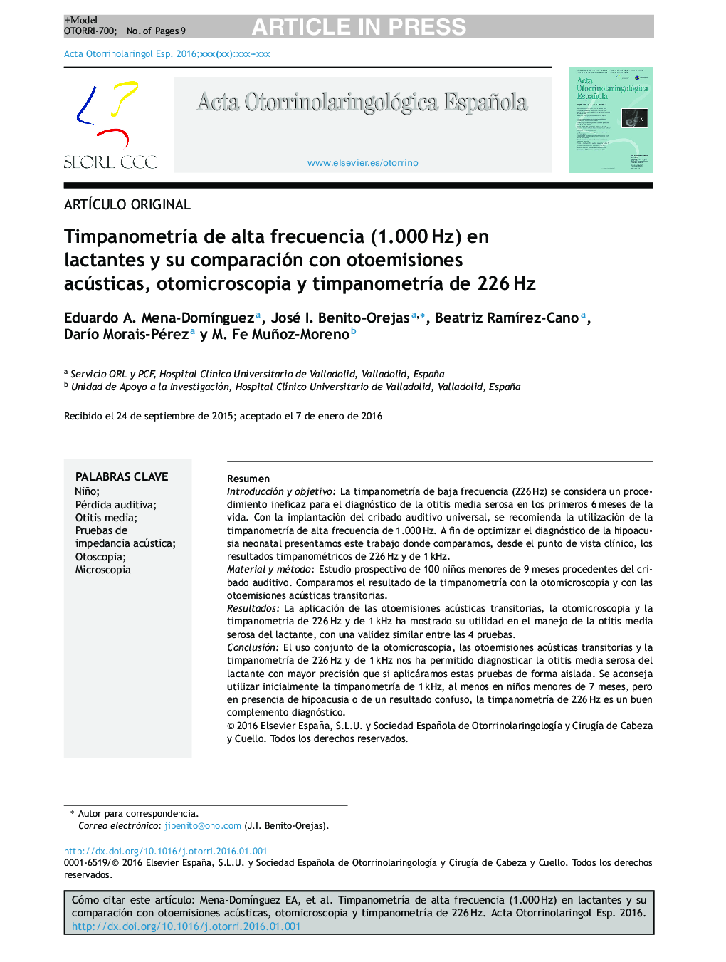 TimpanometrÃ­a de alta frecuencia (1.000Â Hz) en lactantes y su comparación con otoemisiones acústicas, otomicroscopia y timpanometrÃ­a de 226Â Hz