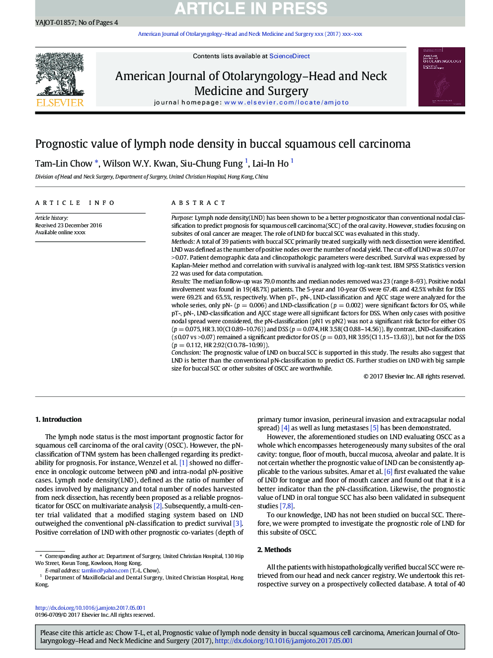 Prognostic value of lymph node density in buccal squamous cell carcinoma