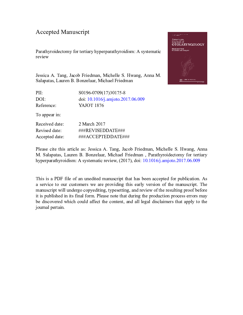 Parathyroidectomy for tertiary hyperparathyroidism: A systematic review