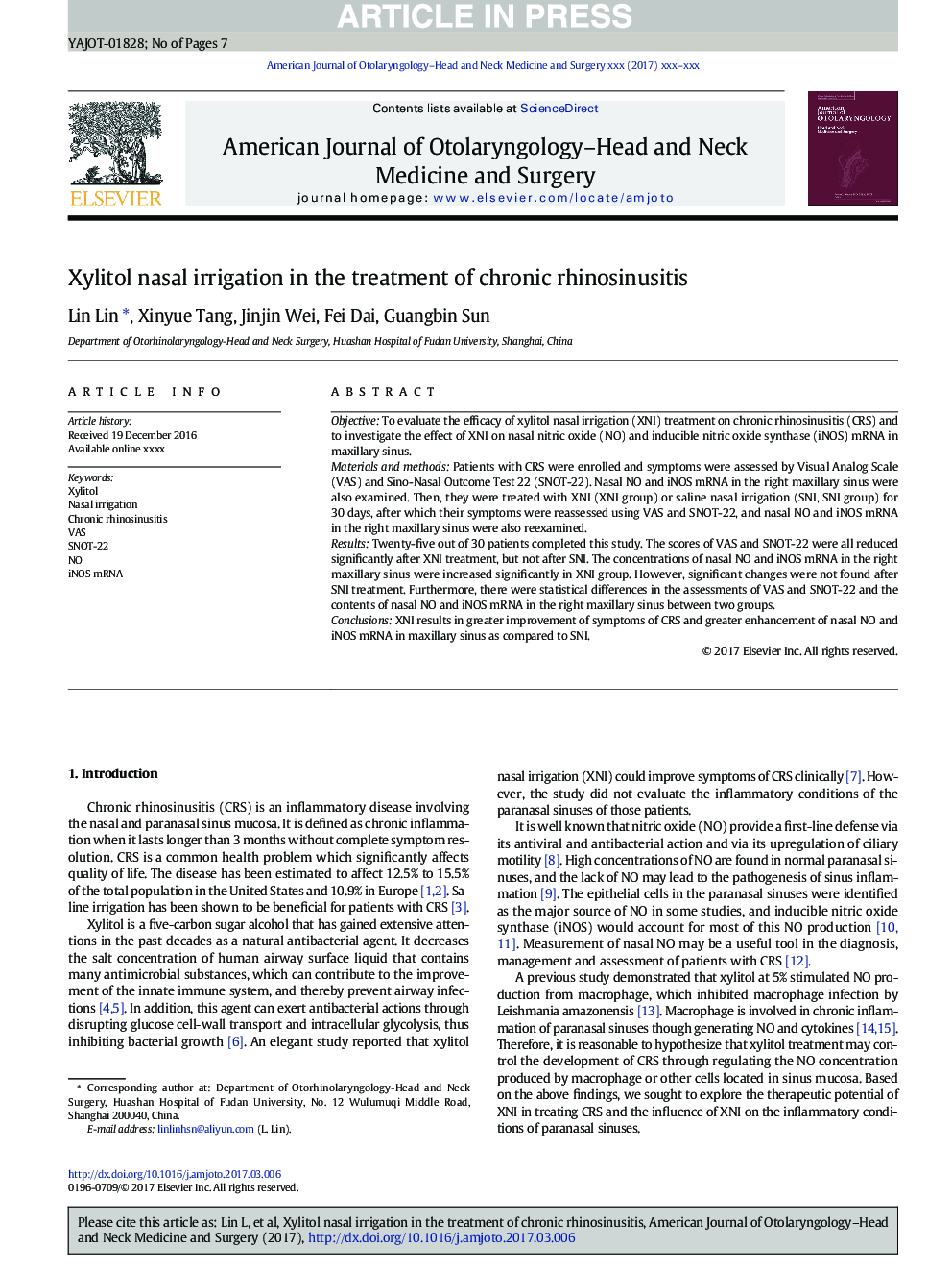 Xylitol nasal irrigation in the treatment of chronic rhinosinusitis