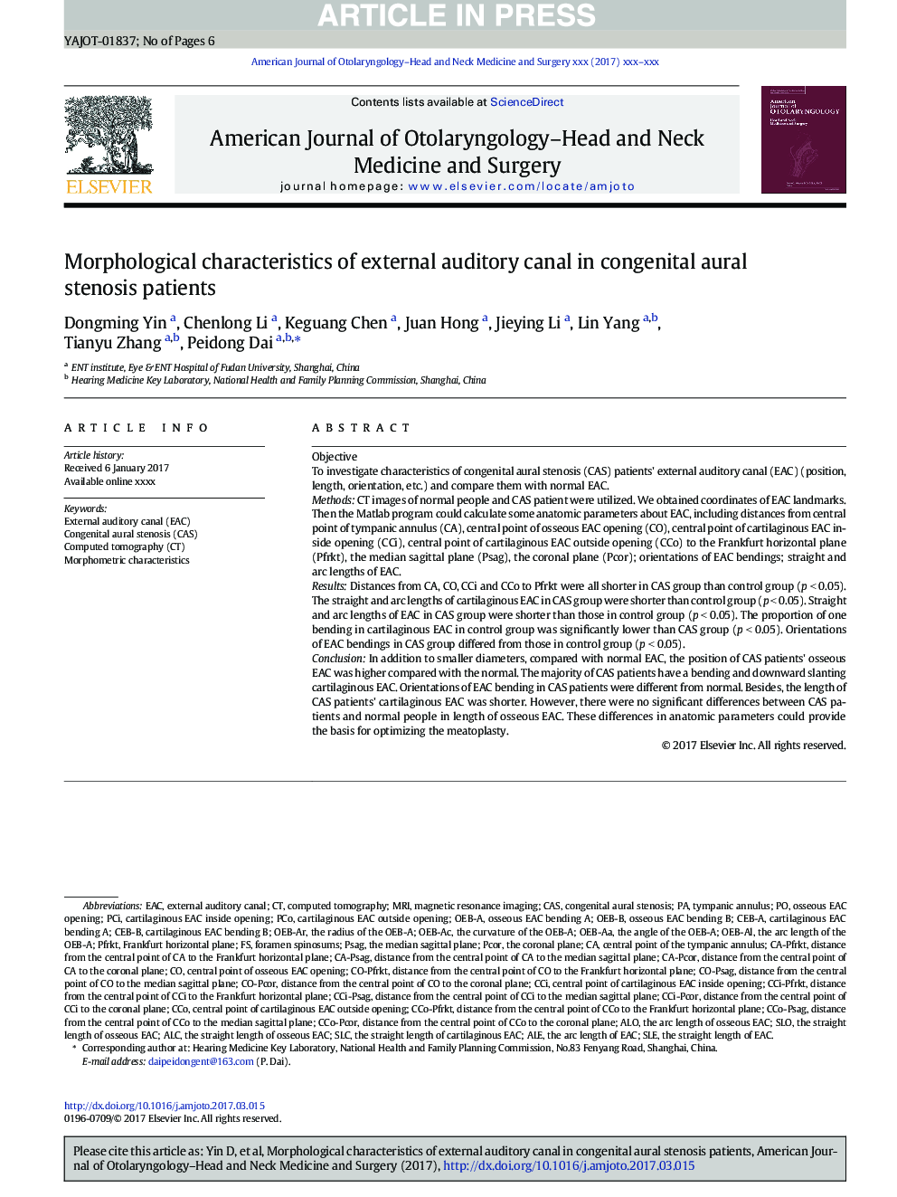 Morphological characteristics of external auditory canal in congenital aural stenosis patients