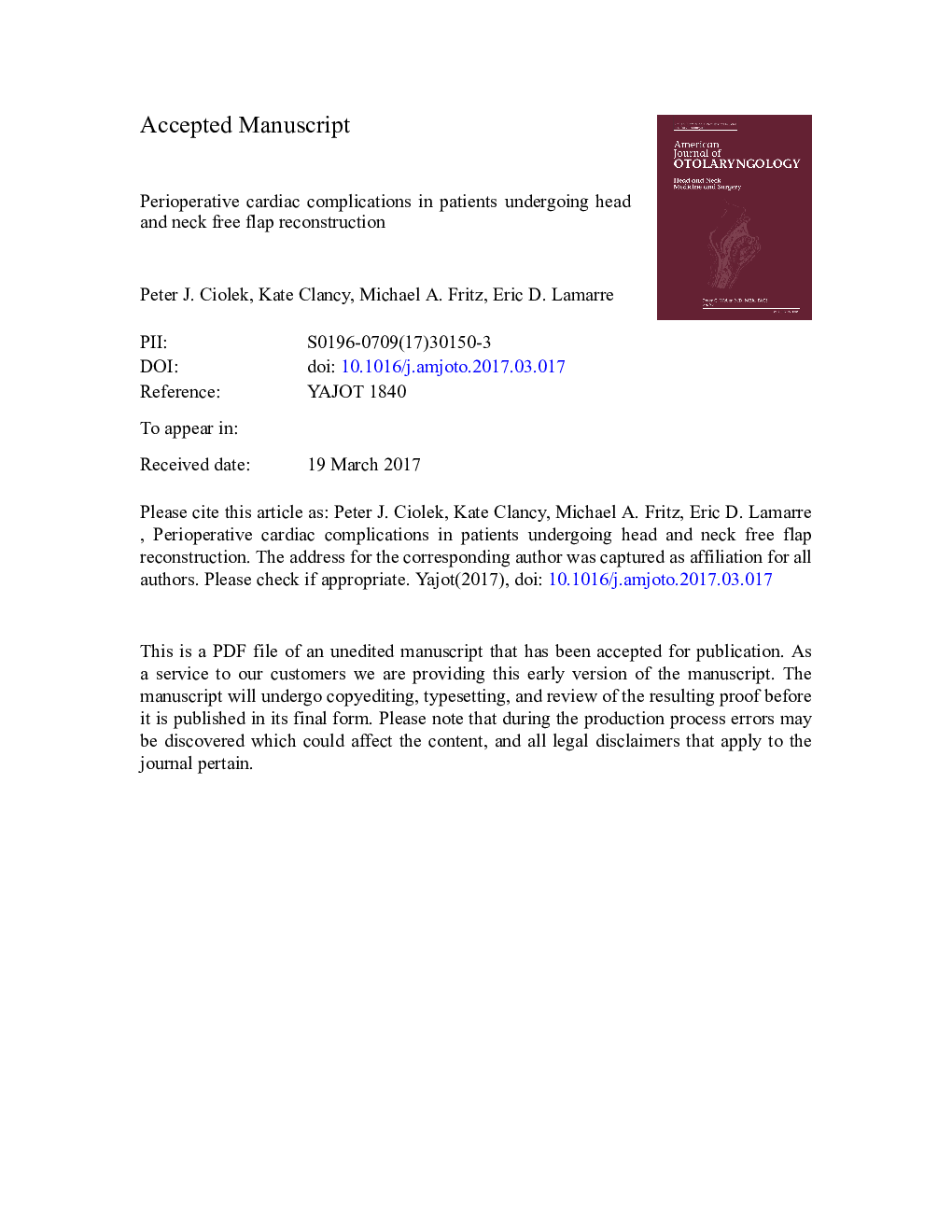 Perioperative cardiac complications in patients undergoing head and neck free flap reconstruction