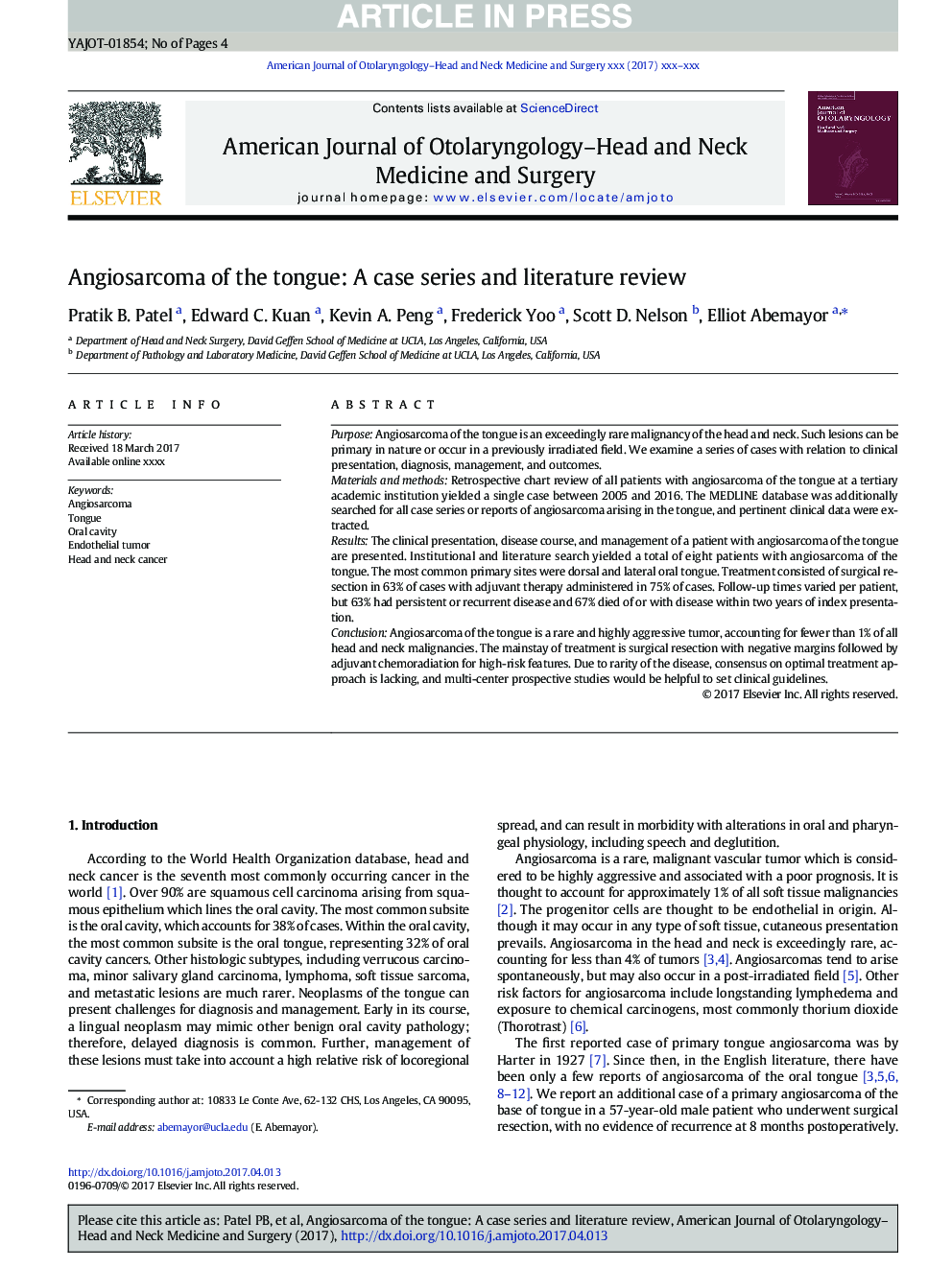 Angiosarcoma of the tongue: A case series and literature review