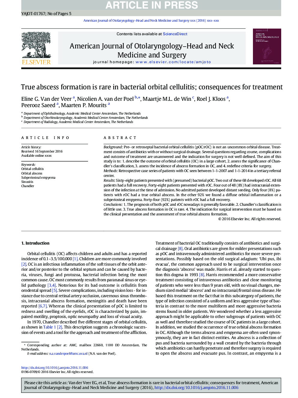 True abscess formation is rare in bacterial orbital cellulitis; consequences for treatment