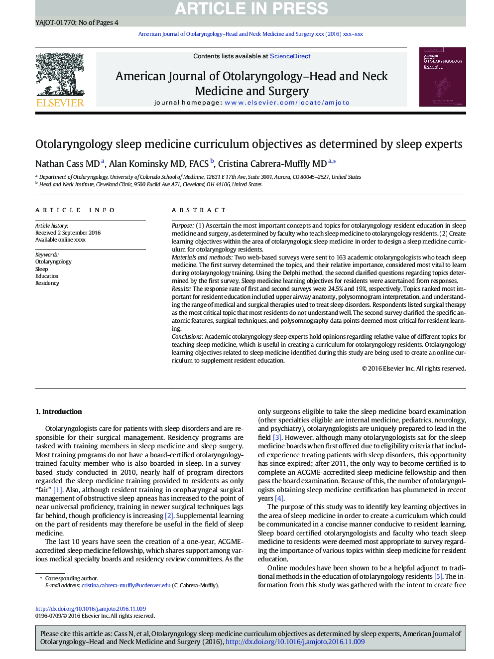 Otolaryngology sleep medicine curriculum objectives as determined by sleep experts