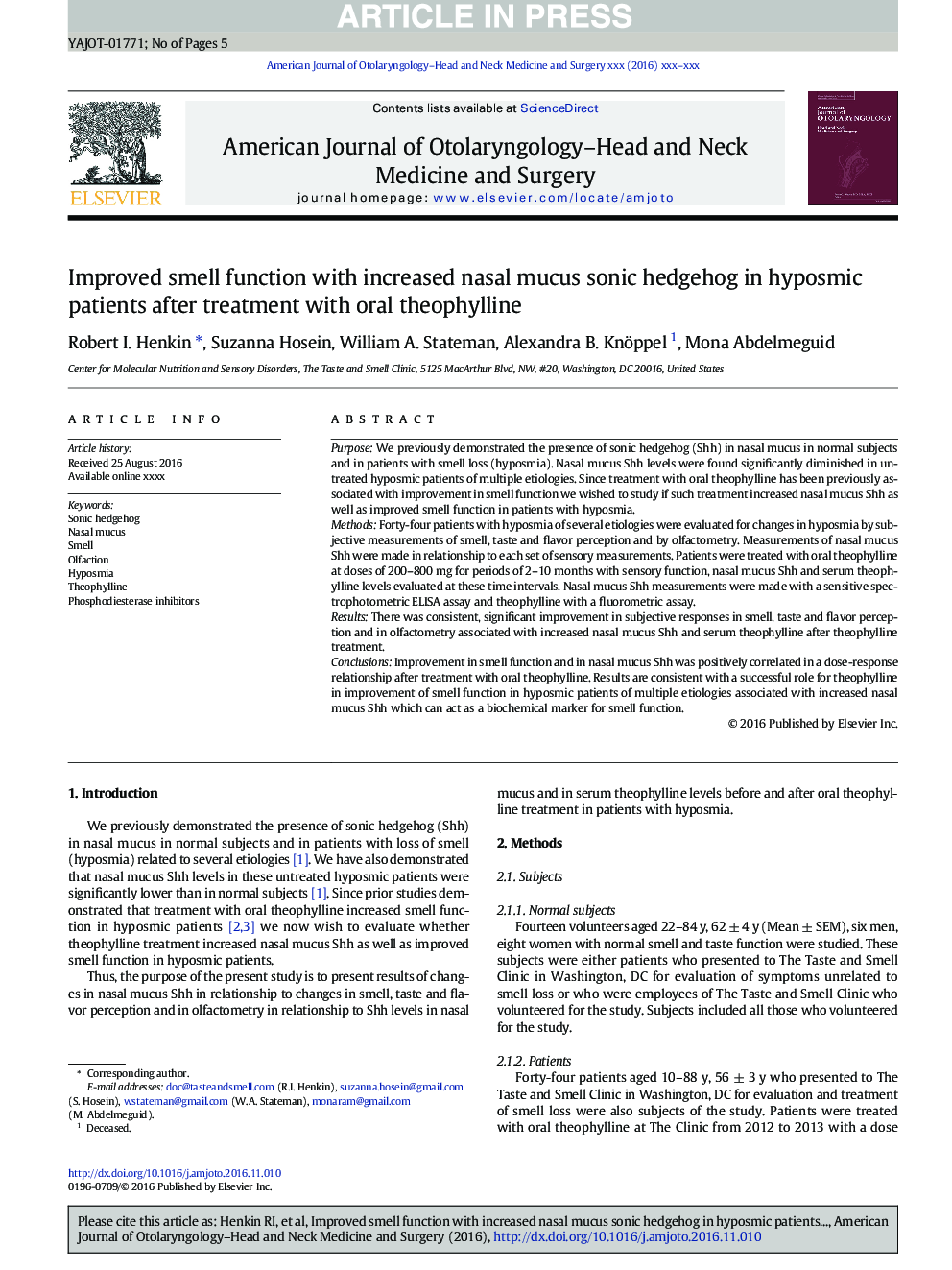 Improved smell function with increased nasal mucus sonic hedgehog in hyposmic patients after treatment with oral theophylline