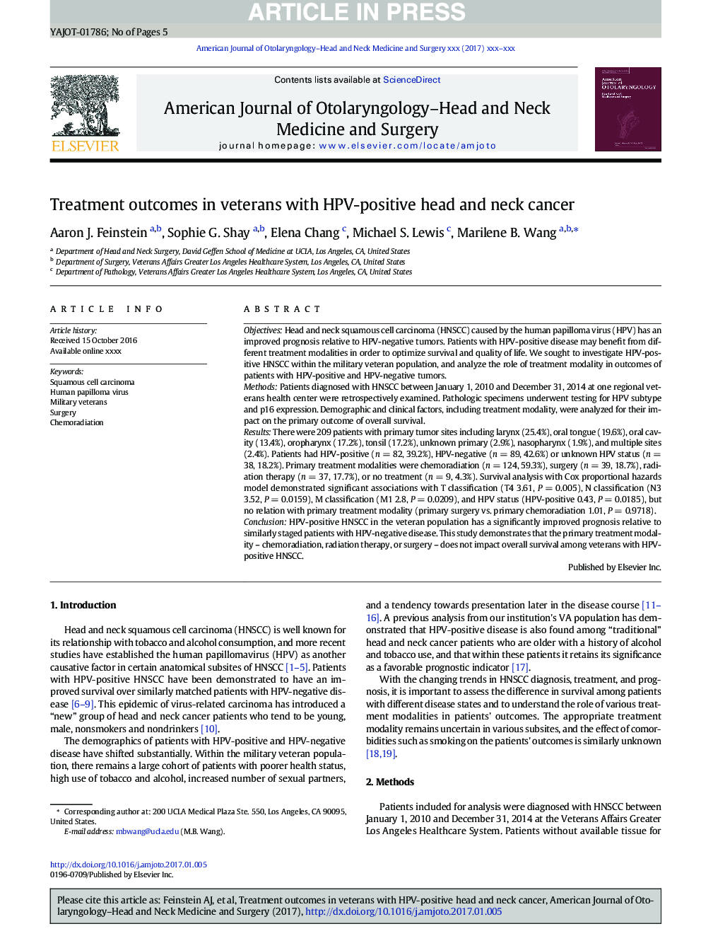 Treatment outcomes in veterans with HPV-positive head and neck cancer