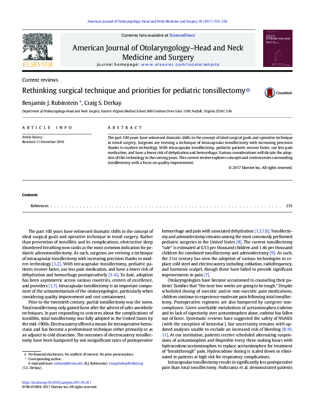 Rethinking surgical technique and priorities for pediatric tonsillectomy