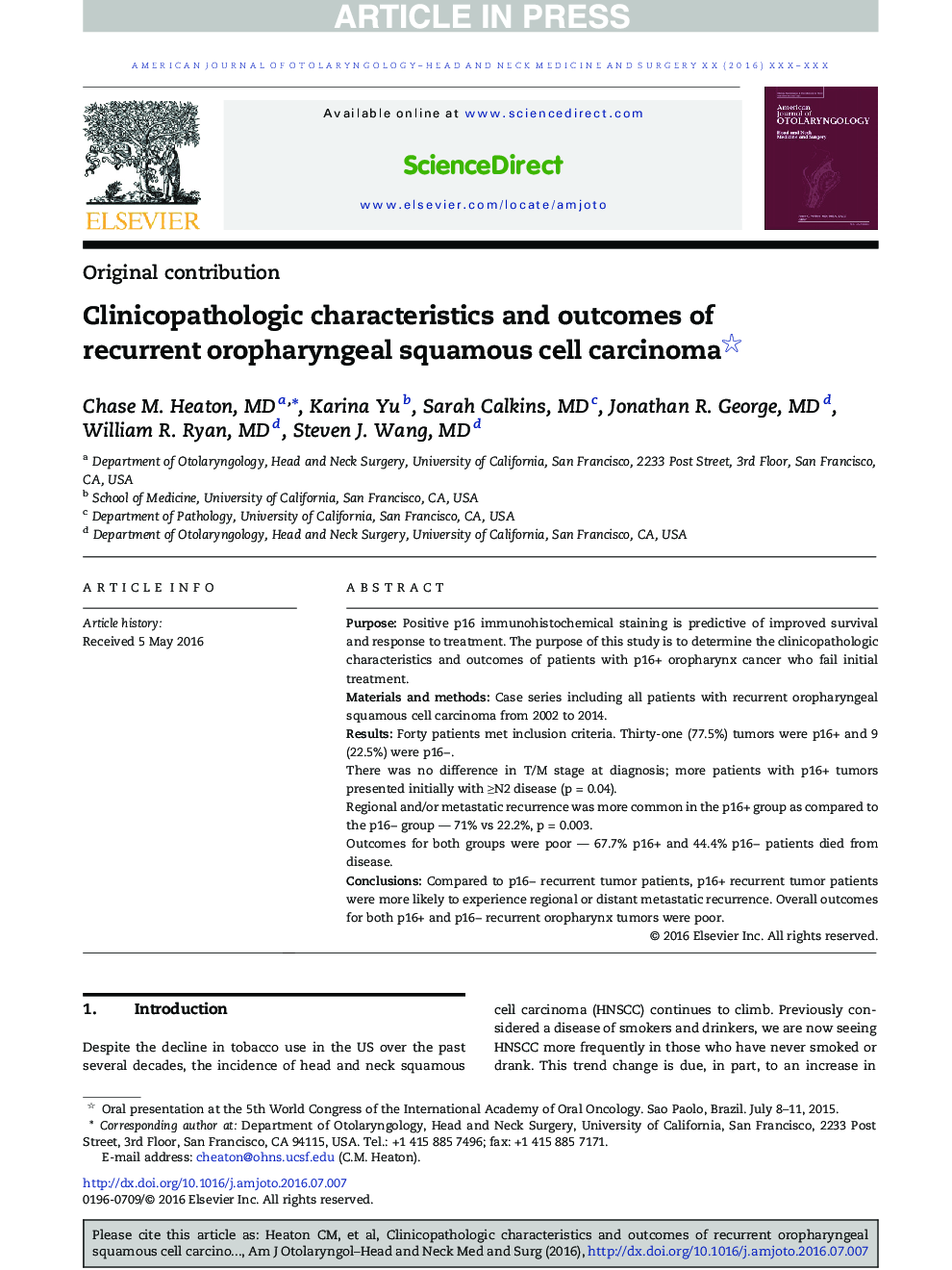 Clinicopathologic characteristics and outcomes of recurrent oropharyngeal squamous cell carcinoma