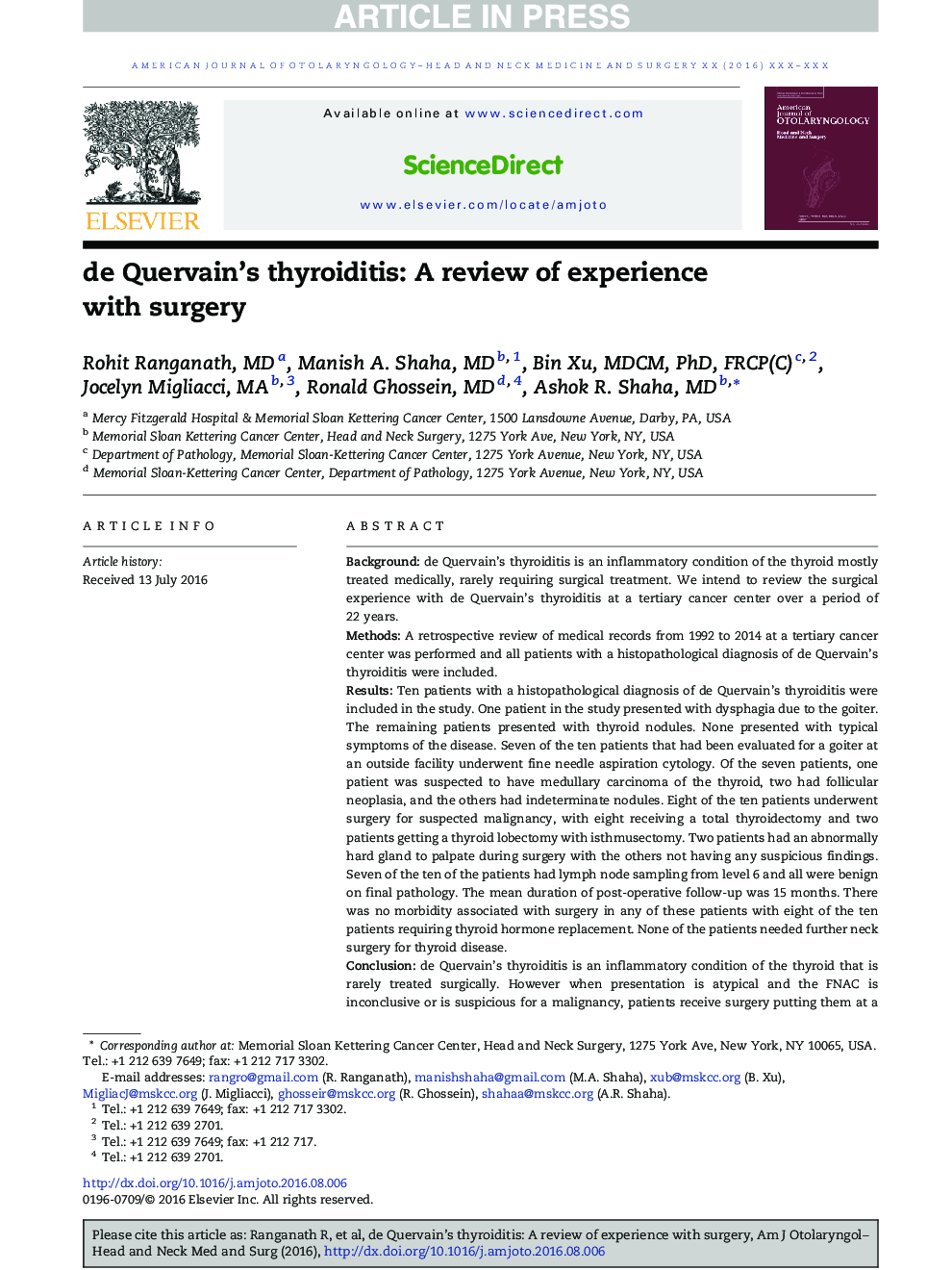 de Quervain's thyroiditis: A review of experience with surgery