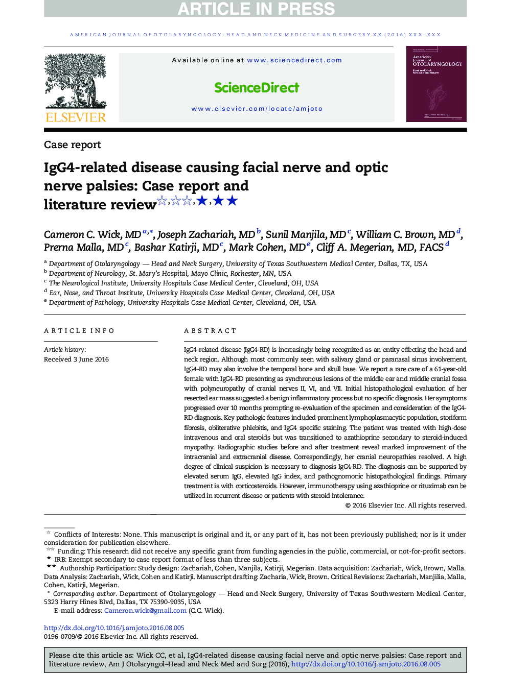 IgG4-related disease causing facial nerve and optic nerve palsies: Case report and literature review