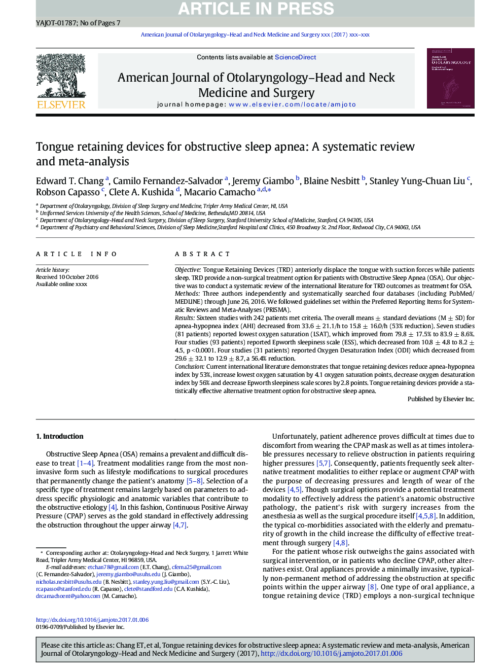 Tongue retaining devices for obstructive sleep apnea: A systematic review and meta-analysis