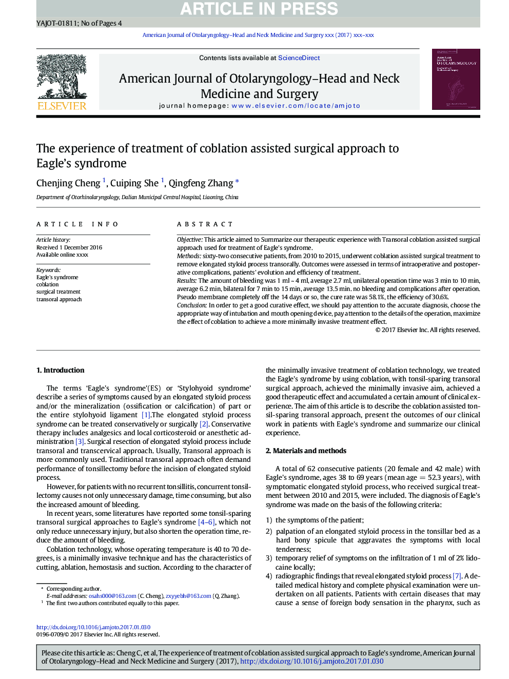 The experience of treatment of coblation assisted surgical approach to Eagle's syndrome