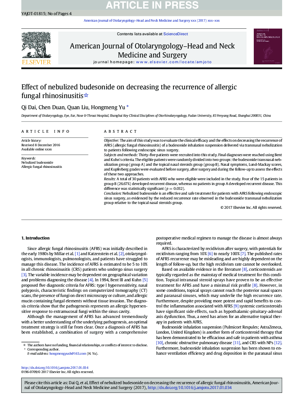 Effect of nebulized budesonide on decreasing the recurrence of allergic fungal rhinosinusitis