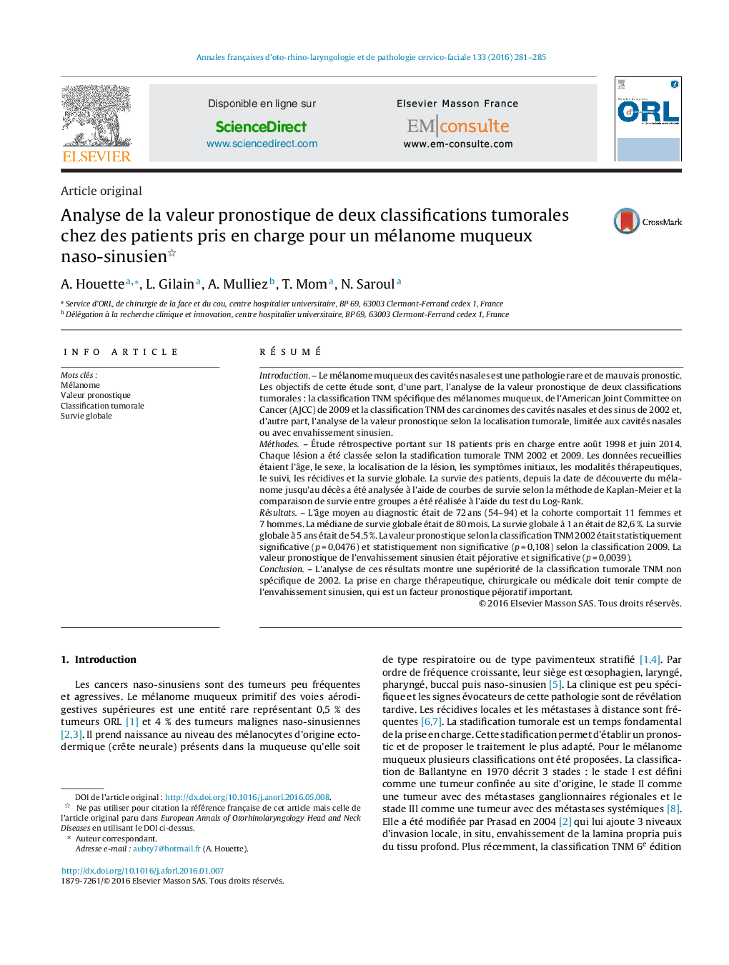 Analyse de la valeur pronostique de deux classifications tumorales chez des patients pris en charge pour un mélanome muqueux naso-sinusien