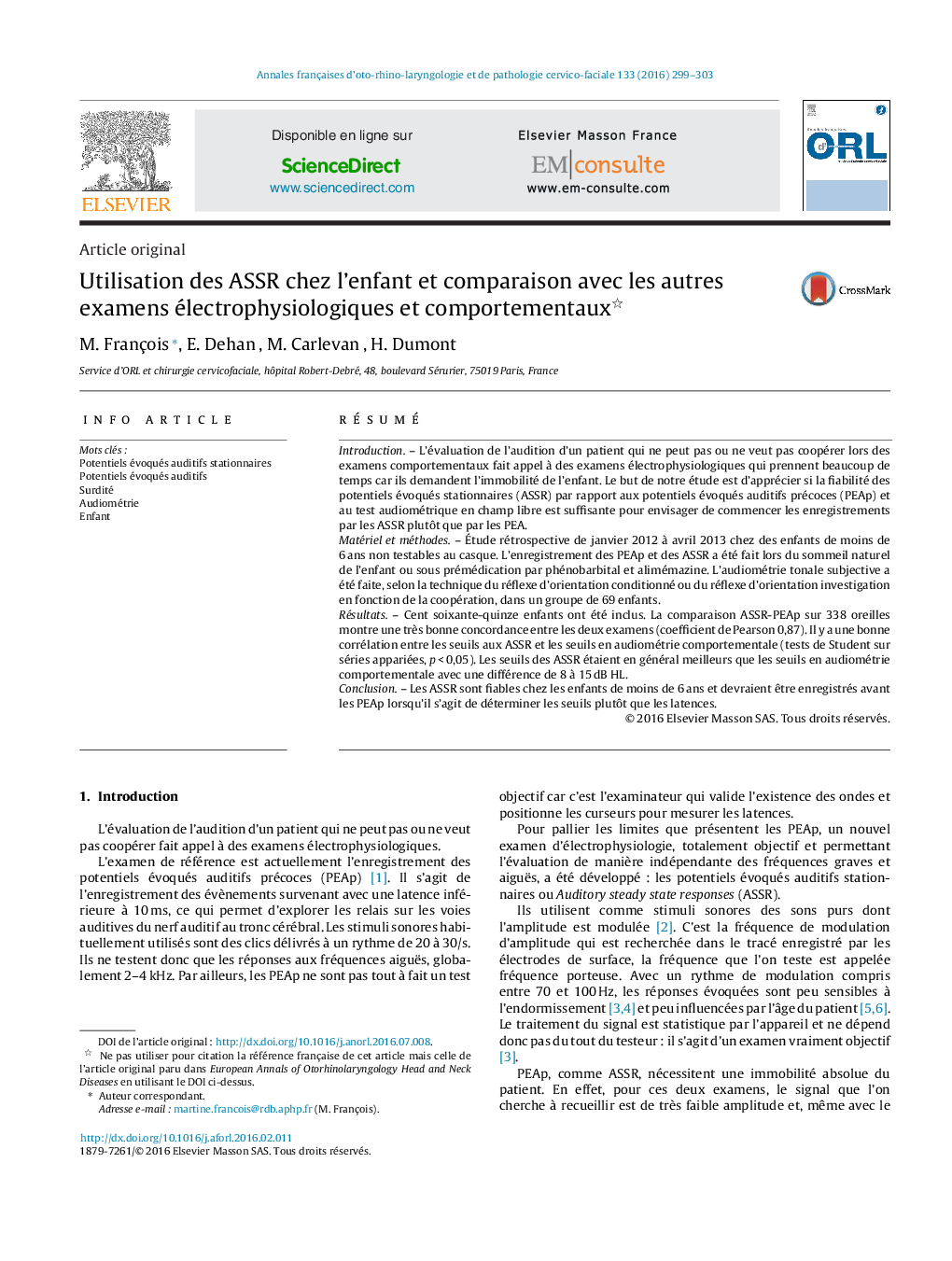 Utilisation des ASSR chez l'enfant et comparaison avec les autres examens électrophysiologiques et comportementaux