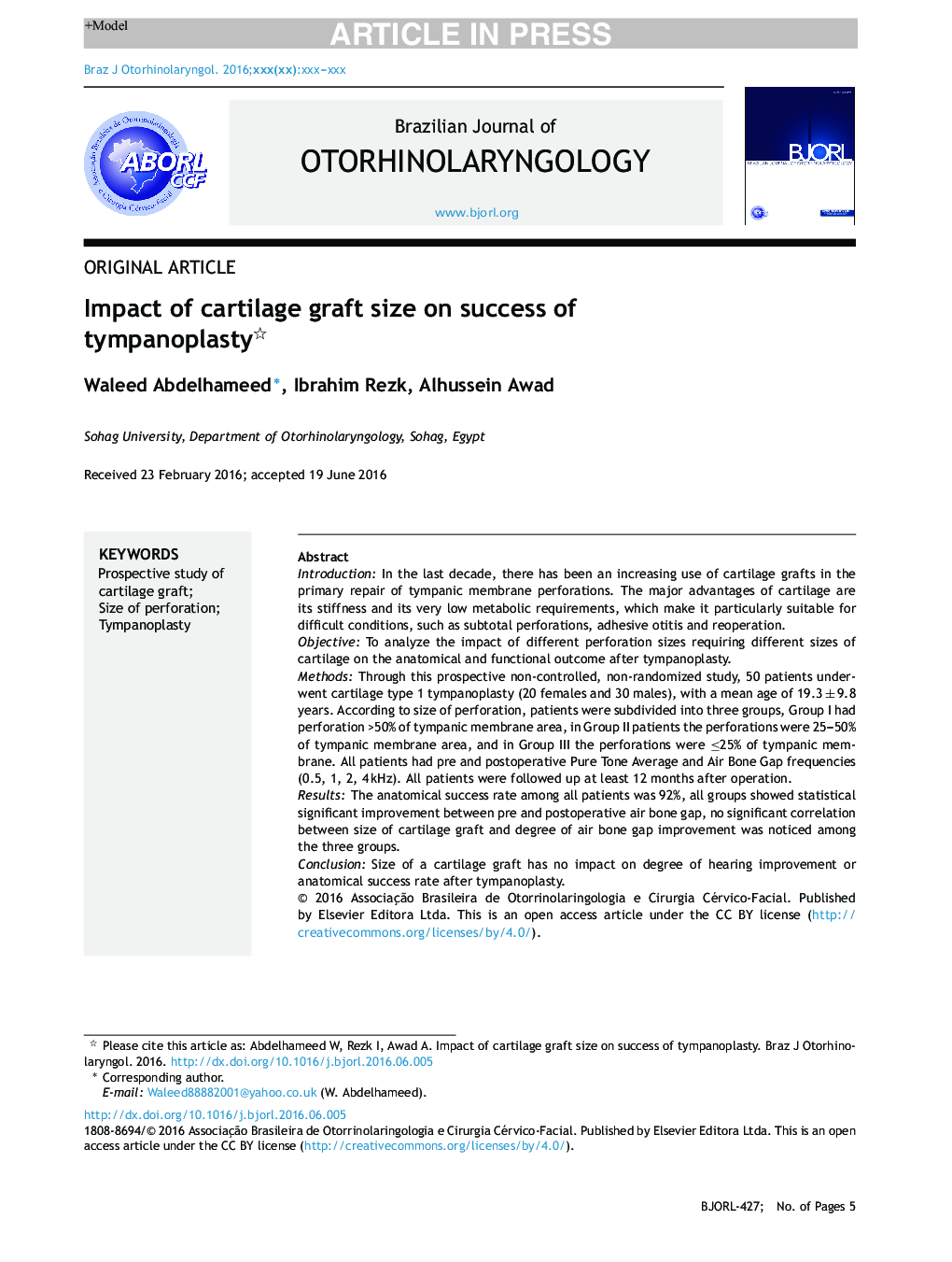 Impact of cartilage graft size on success of tympanoplasty