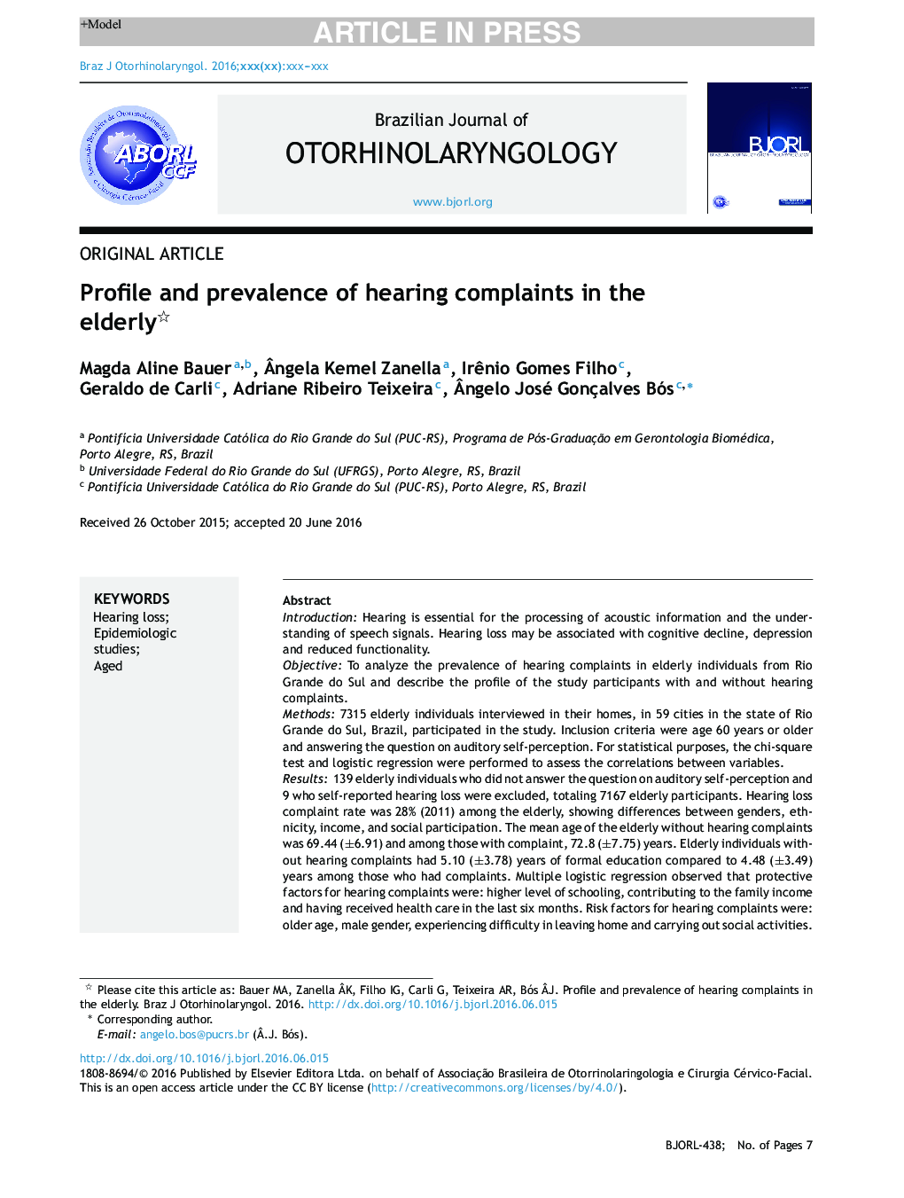 Profile and prevalence of hearing complaints in the elderly