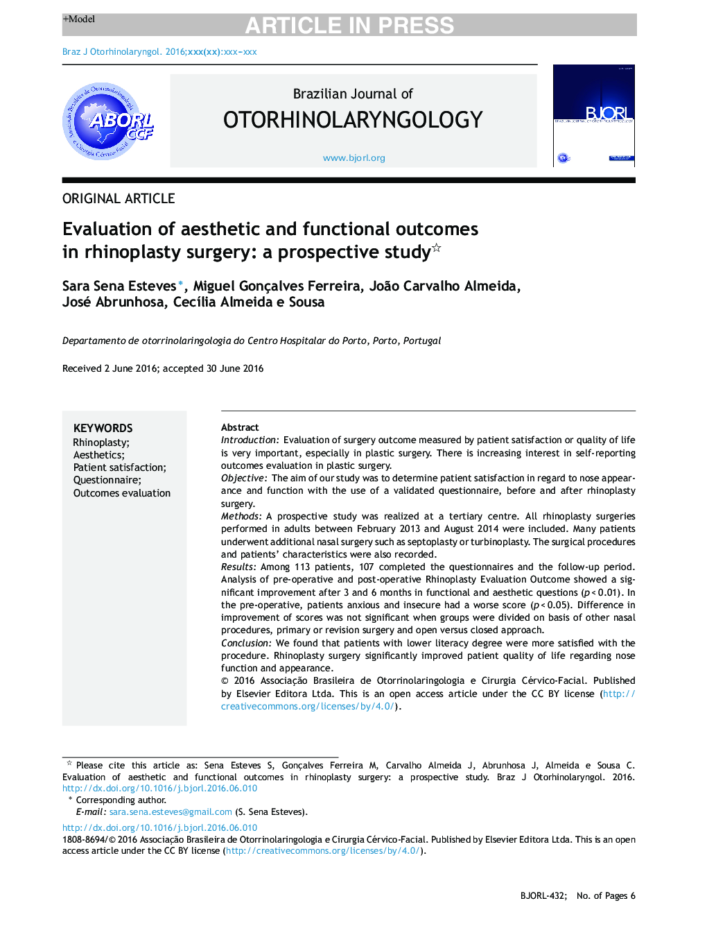 ارزیابی نتایج زیبایی شناختی و عملکردی در جراحی رینوپلاستی: یک مطالعه آینده نگر 