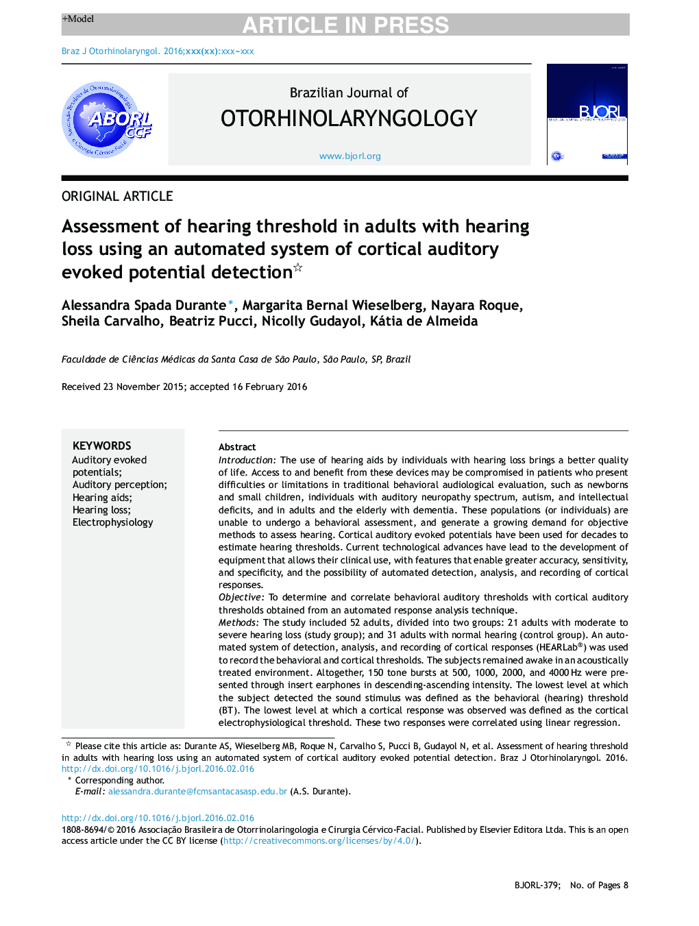 Assessment of hearing threshold in adults with hearing loss using an automated system of cortical auditory evoked potential detection