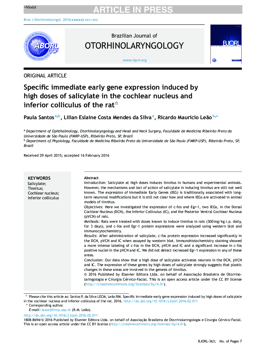 Specific immediate early gene expression induced by high doses of salicylate in the cochlear nucleus and inferior colliculus of the rat