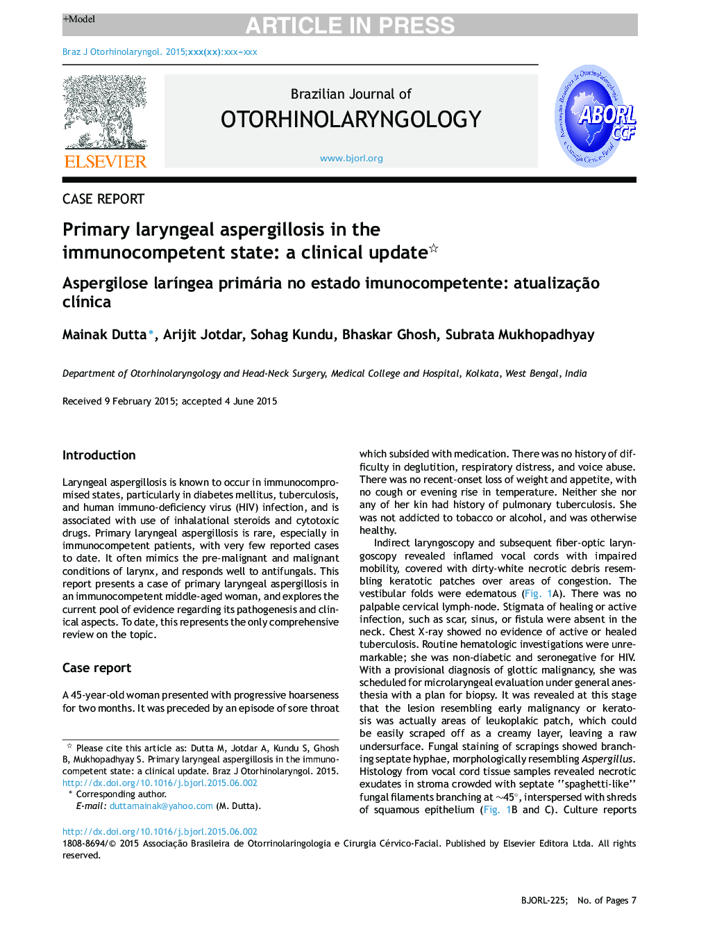 Primary laryngeal aspergillosis in the immunocompetent state: a clinical update