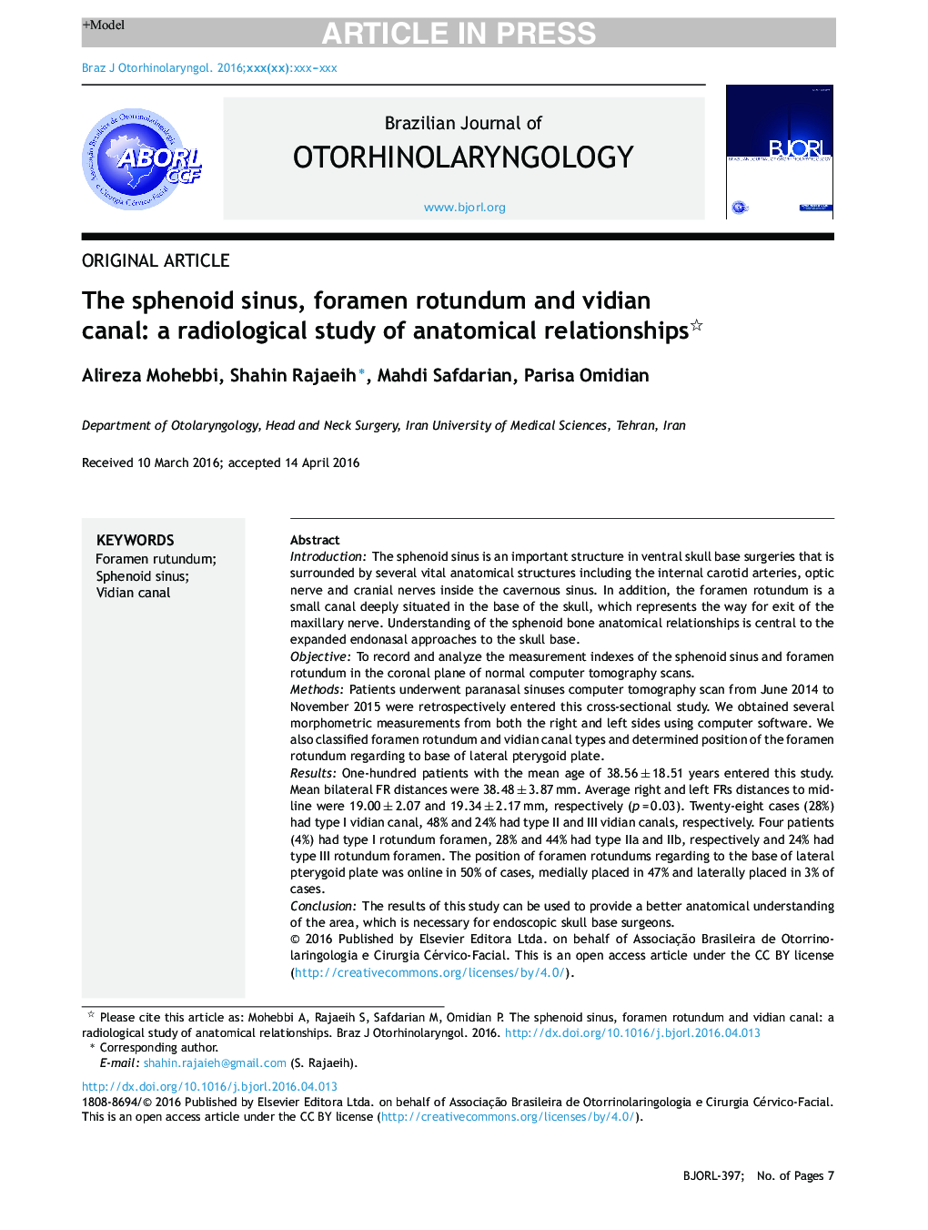 The sphenoid sinus, foramen rotundum and vidian canal: a radiological study of anatomical relationships