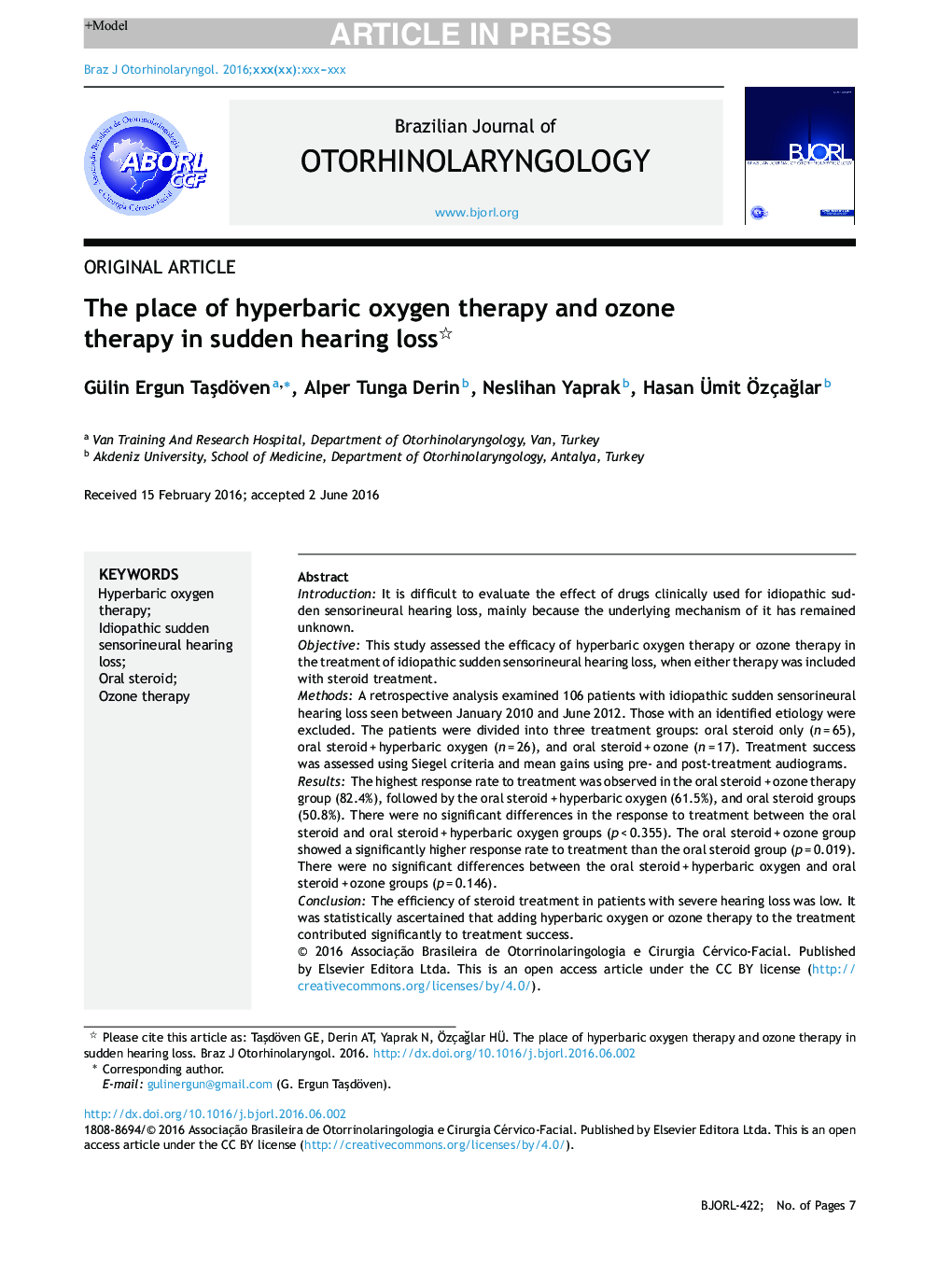 The place of hyperbaric oxygen therapy and ozone therapy in sudden hearing loss