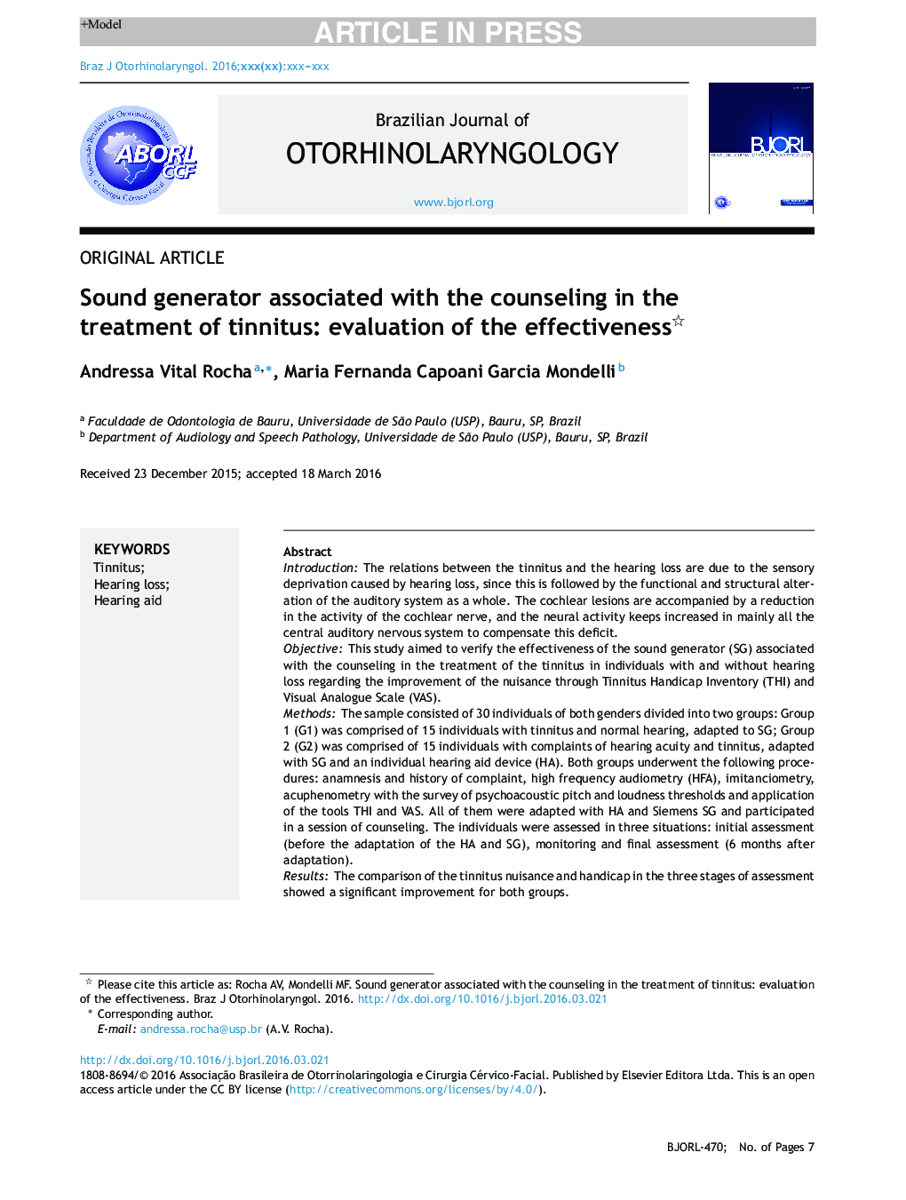 Sound generator associated with the counseling in the treatment of tinnitus: evaluation of the effectiveness