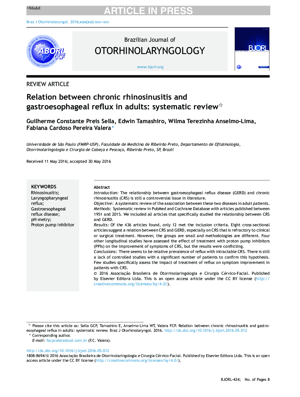 Relation between chronic rhinosinusitis and gastroesophageal reflux in adults: systematic review