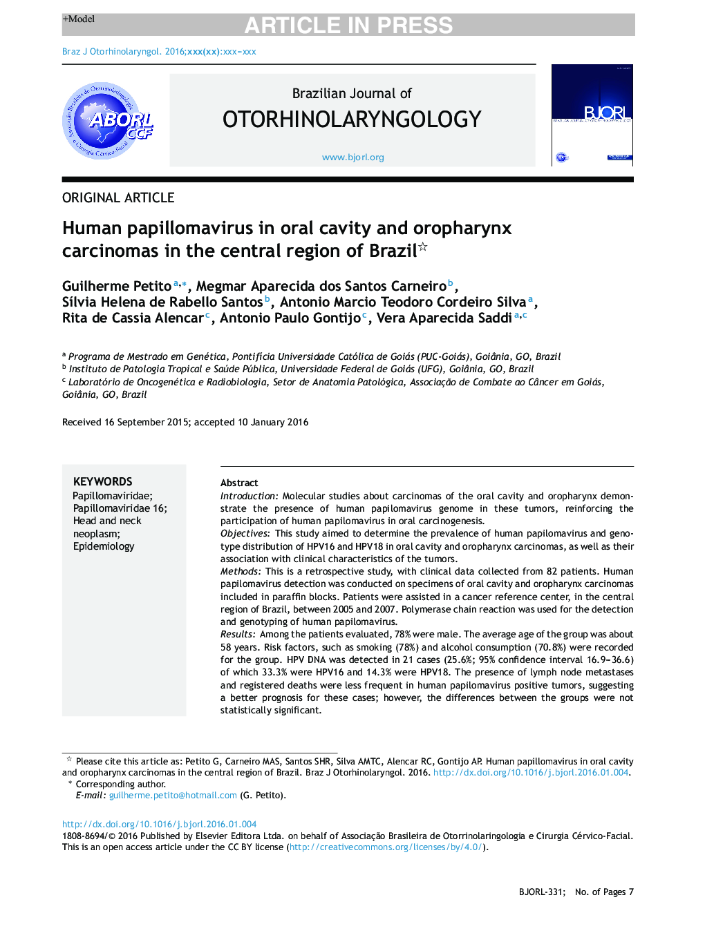 Human papillomavirus in oral cavity and oropharynx carcinomas in the central region of Brazil