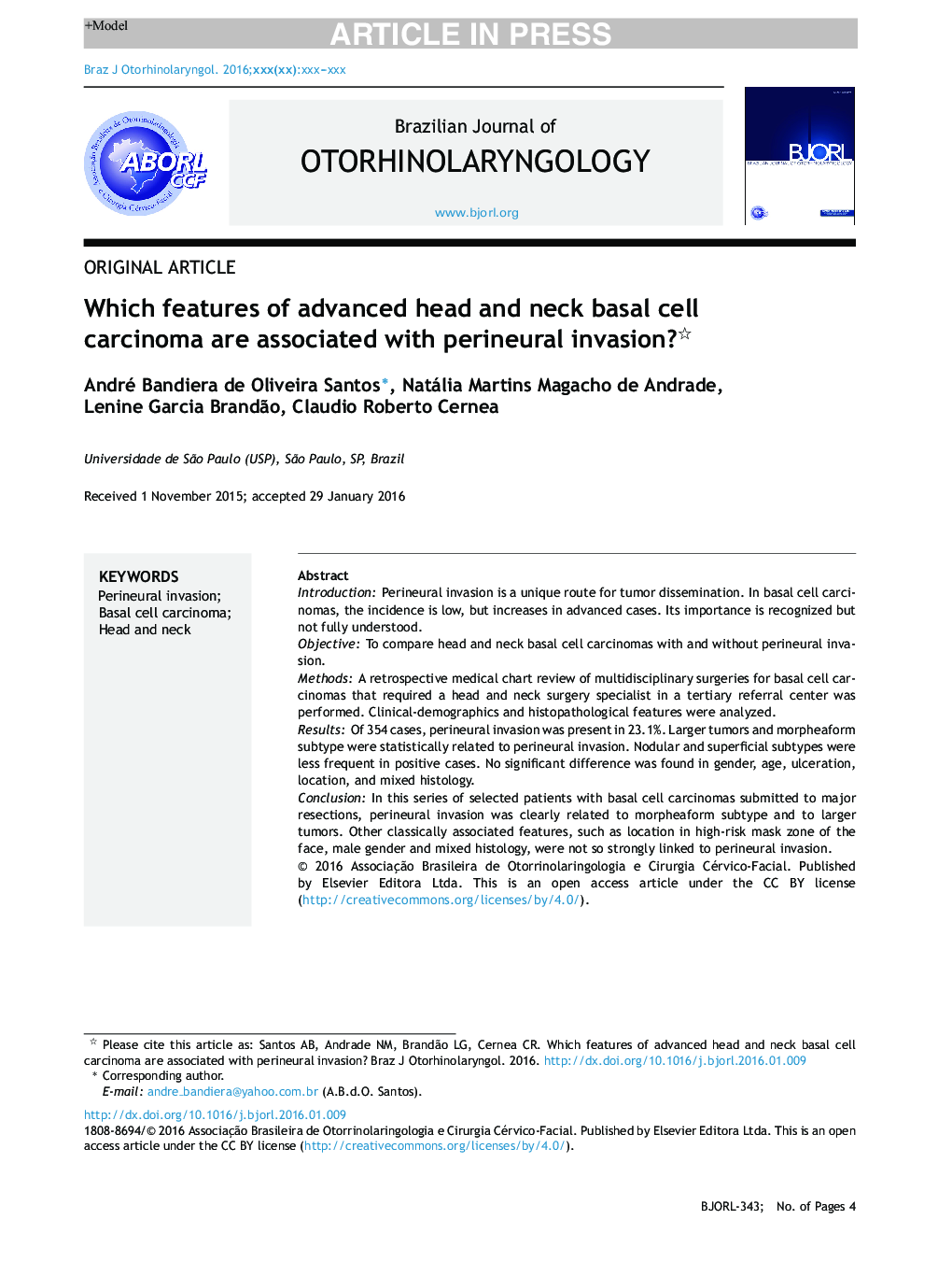 Which features of advanced head and neck basal cell carcinoma are associated with perineural invasion?