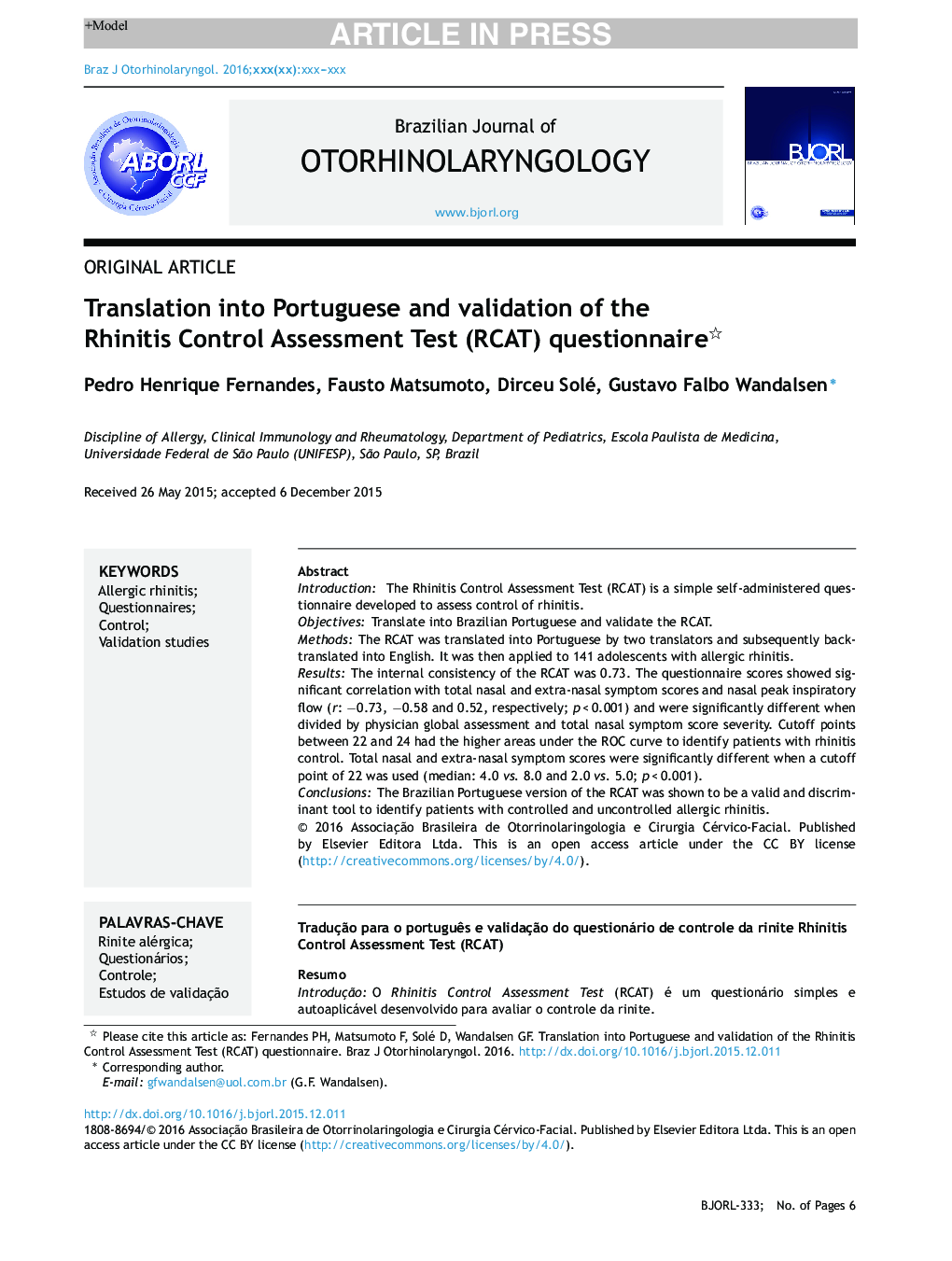 Translation into Portuguese and validation of the Rhinitis Control Assessment Test (RCAT) questionnaire