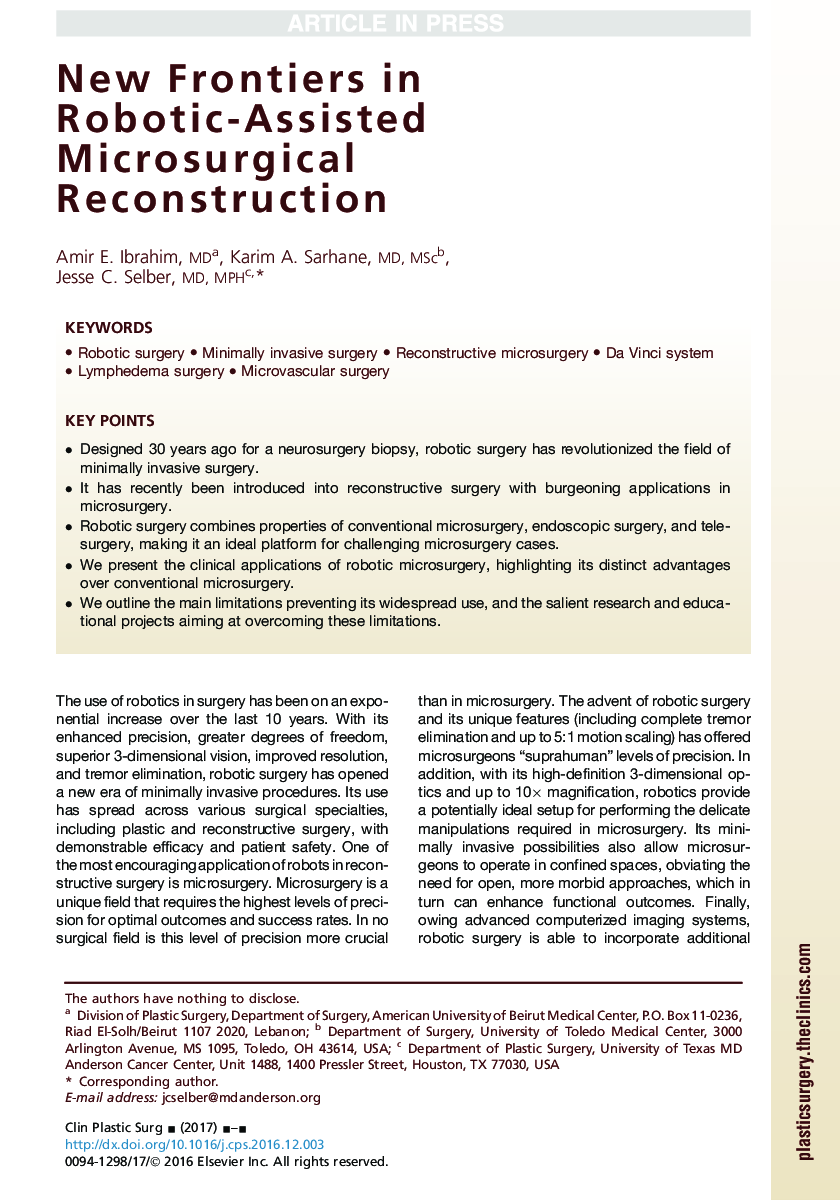 New Frontiers in Robotic-Assisted Microsurgical Reconstruction