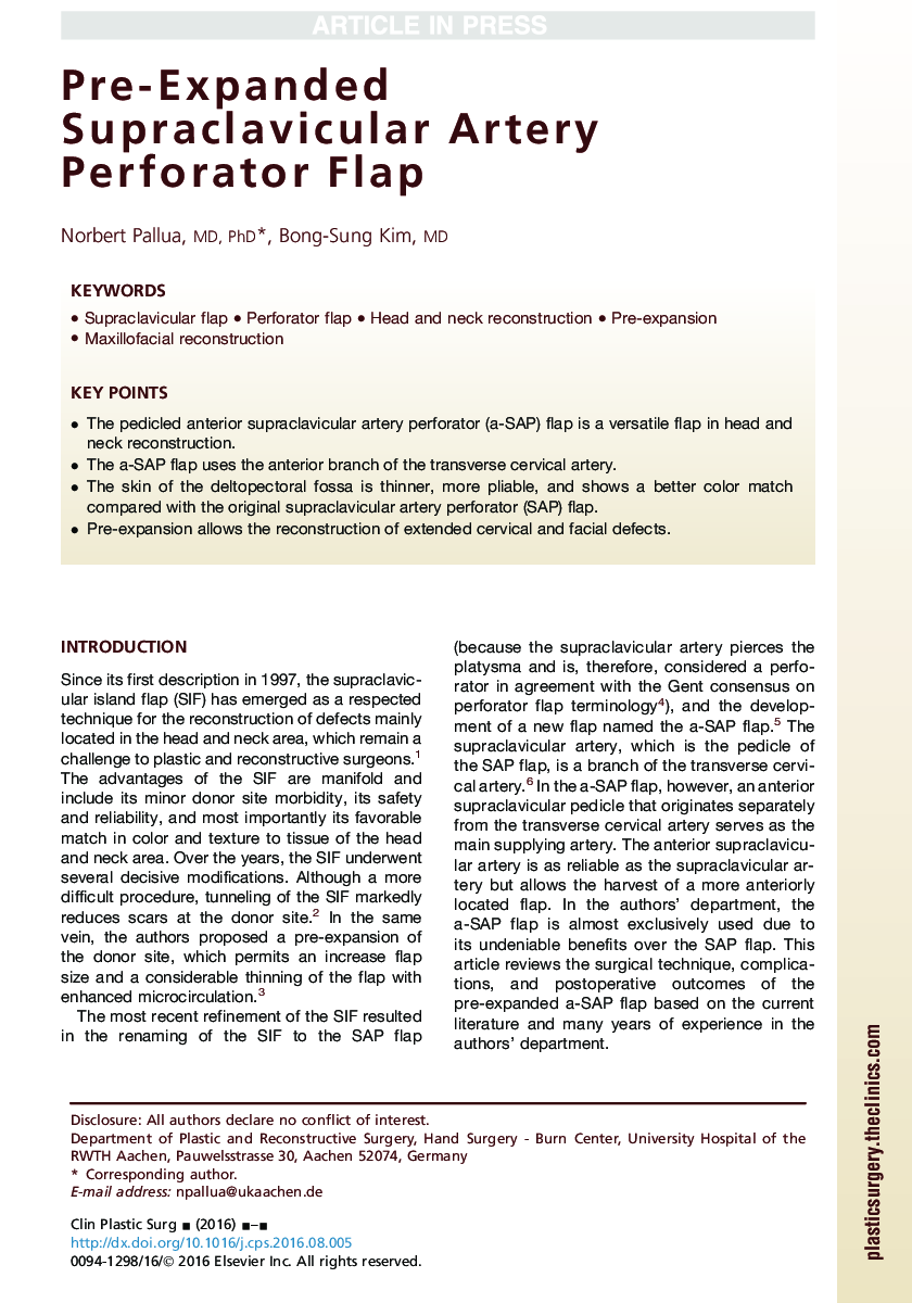 Pre-expanded Supraclavicular Artery Perforator Flap