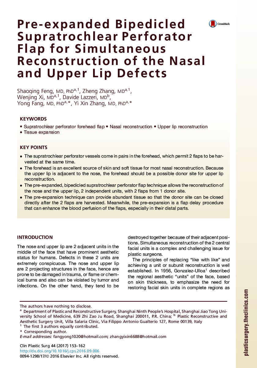 Pre-expanded Bipedicled Supratrochlear Perforator Flap for Simultaneous Reconstruction of the Nasal and Upper Lip Defects