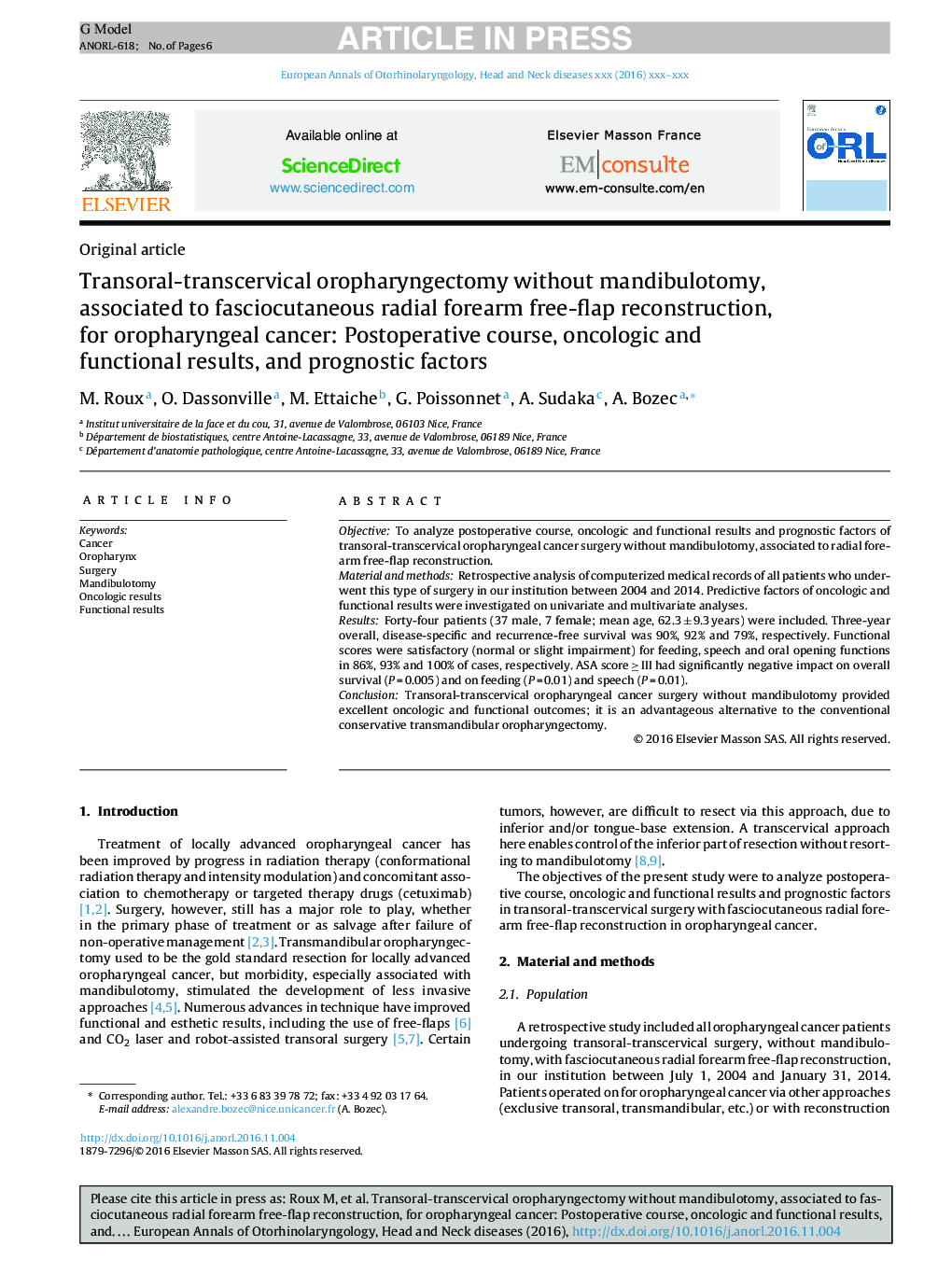 Transoral-transcervical oropharyngectomy without mandibulotomy, associated to fasciocutaneous radial forearm free-flap reconstruction, for oropharyngeal cancer: Postoperative course, oncologic and functional results, and prognostic factors