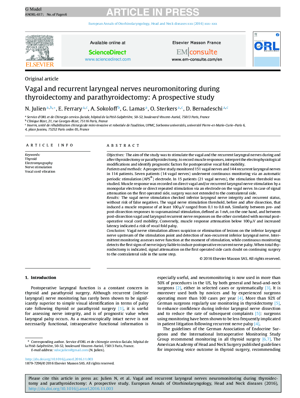 Vagal and recurrent laryngeal nerves neuromonitoring during thyroidectomy and parathyroidectomy: A prospective study