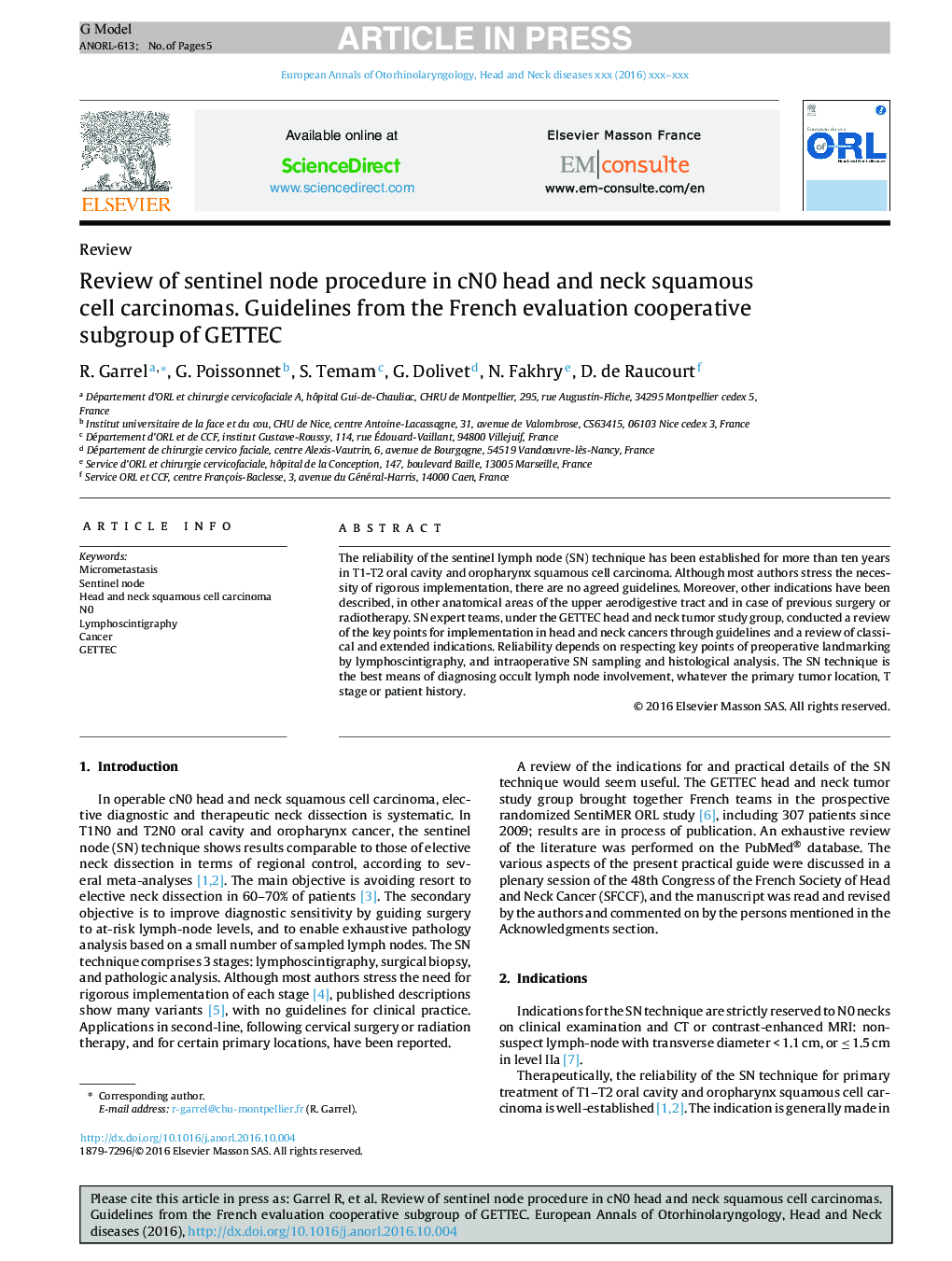 Review of sentinel node procedure in cN0 head and neck squamous cell carcinomas. Guidelines from the French evaluation cooperative subgroup of GETTEC
