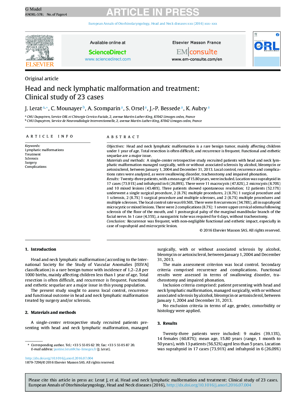 Head and neck lymphatic malformation and treatment: Clinical study of 23Â cases