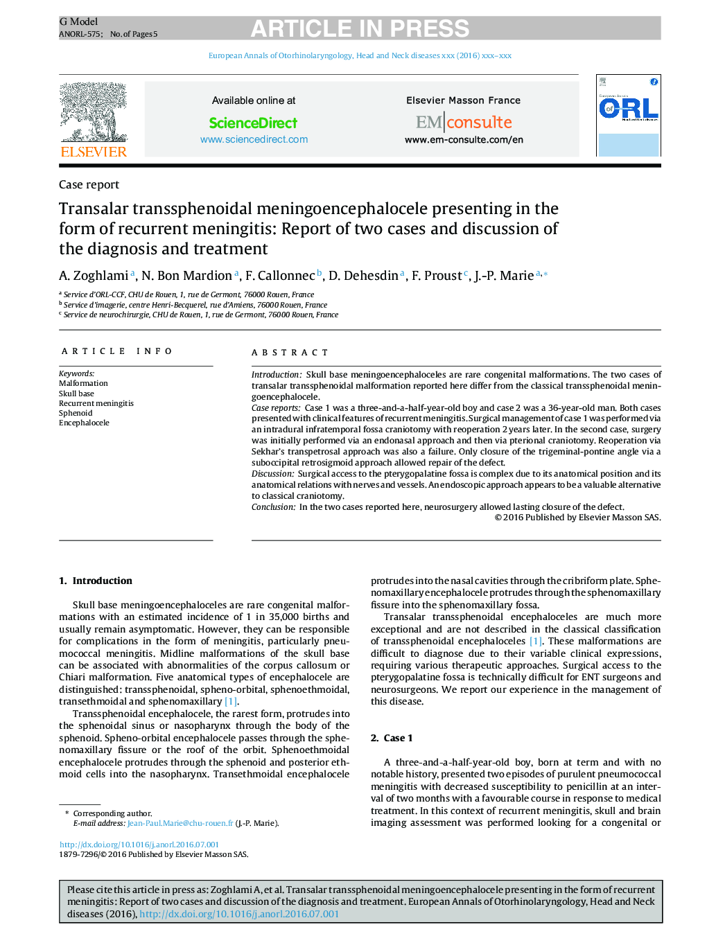 Transalar transsphenoidal meningoencephalocele presenting in the form of recurrent meningitis: Report of two cases and discussion of the diagnosis and treatment