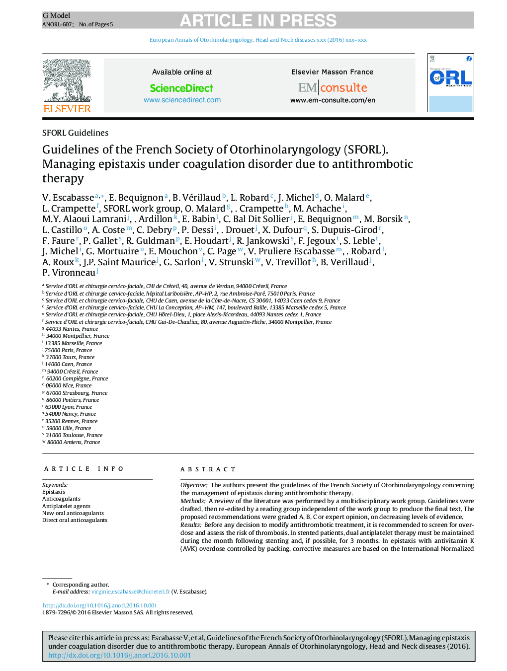 Guidelines of the French Society of Otorhinolaryngology (SFORL). Managing epistaxis under coagulation disorder due to antithrombotic therapy