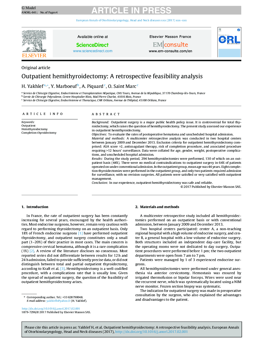 Outpatient hemithyroidectomy: A retrospective feasibility analysis