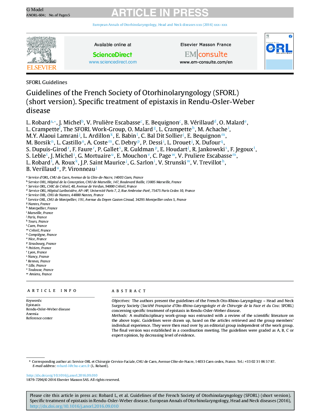 Guidelines of the French Society of Otorhinolaryngology (SFORL) (short version). Specific treatment of epistaxis in Rendu-Osler-Weber disease