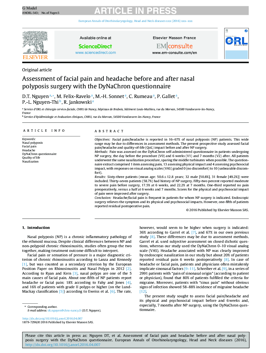 Assessment of facial pain and headache before and after nasal polyposis surgery with the DyNaChron questionnaire