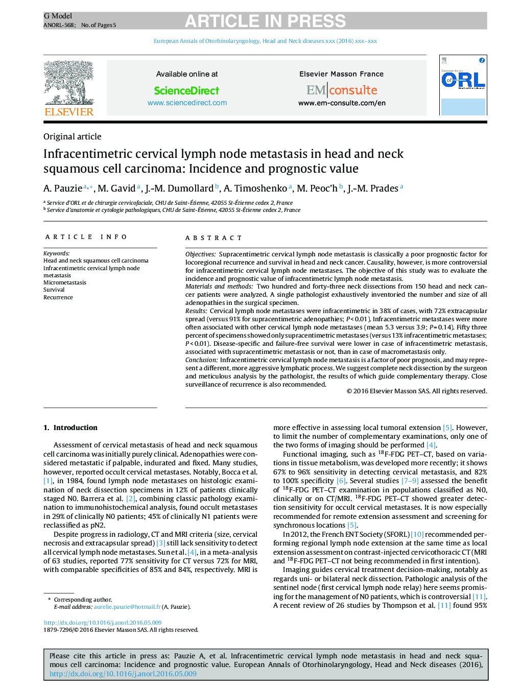 Infracentimetric cervical lymph node metastasis in head and neck squamous cell carcinoma: Incidence and prognostic value