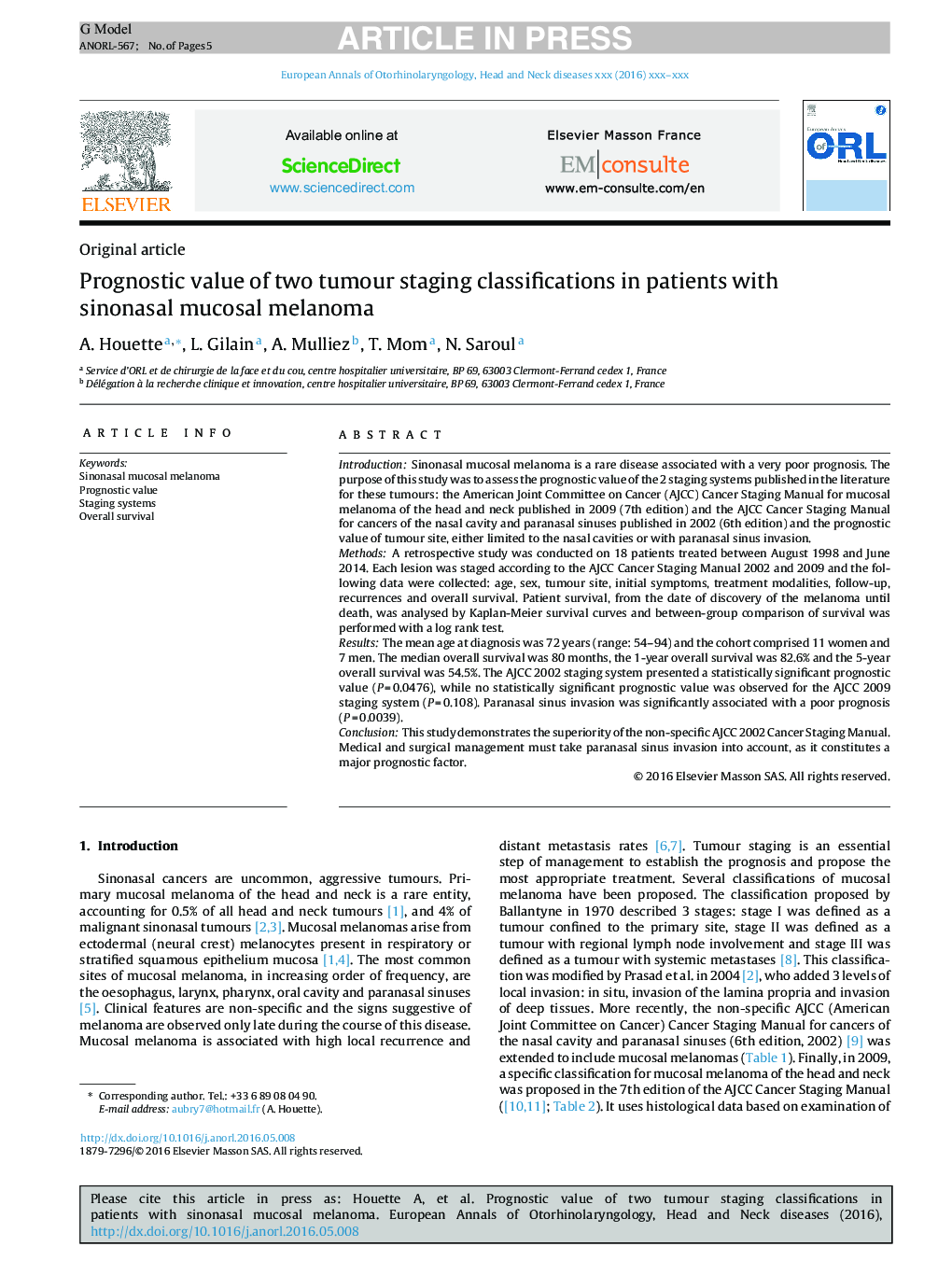 Prognostic value of two tumour staging classifications in patients with sinonasal mucosal melanoma