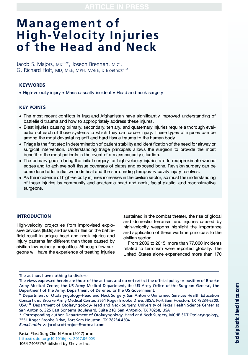 Management of High-Velocity Injuries of the Head and Neck