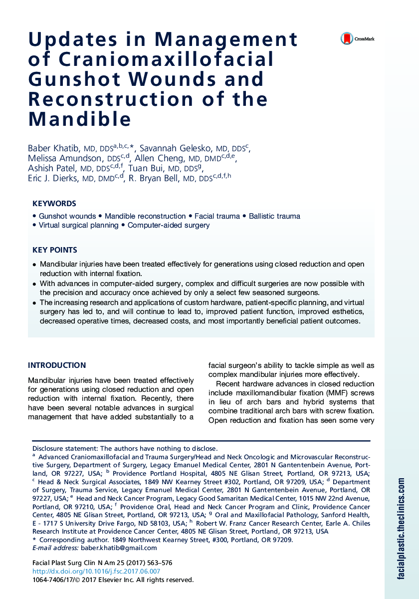 Updates in Management of Craniomaxillofacial Gunshot Wounds and Reconstruction of the Mandible