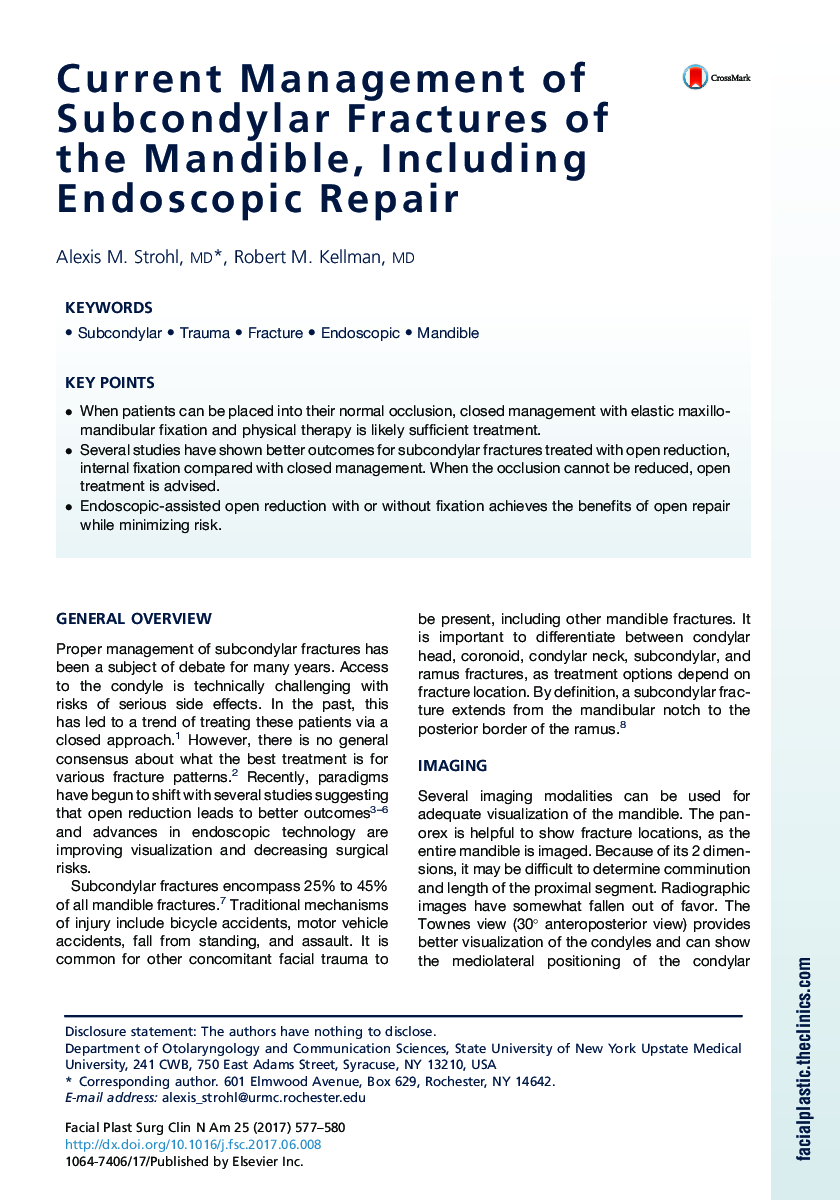 Current Management of Subcondylar Fractures of the Mandible, Including Endoscopic Repair